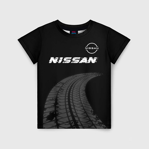 Детская футболка Nissan speed на темном фоне со следами шин: символ / 3D-принт – фото 1