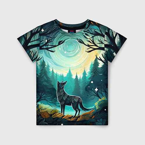 Детская футболка Волк в ночном лесу фолк-арт / 3D-принт – фото 1