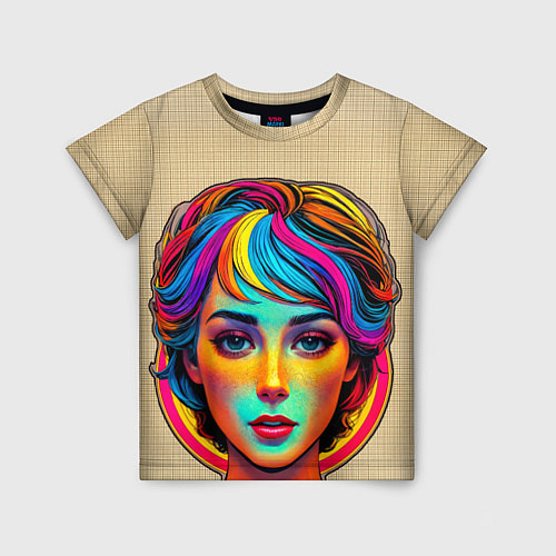 Детская футболка Девушка с разноцветными волосами на клетчатом фоне / 3D-принт – фото 1