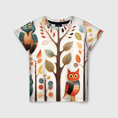 Детская футболка Совы в осеннем лесу в стиле фолк-арт / 3D-принт – фото 1