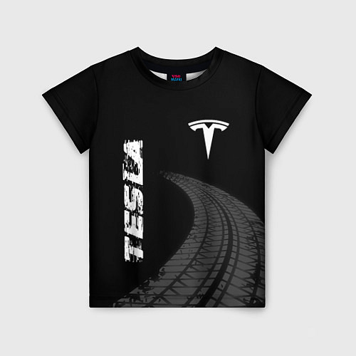 Детская футболка Tesla speed на темном фоне со следами шин вертикал / 3D-принт – фото 1