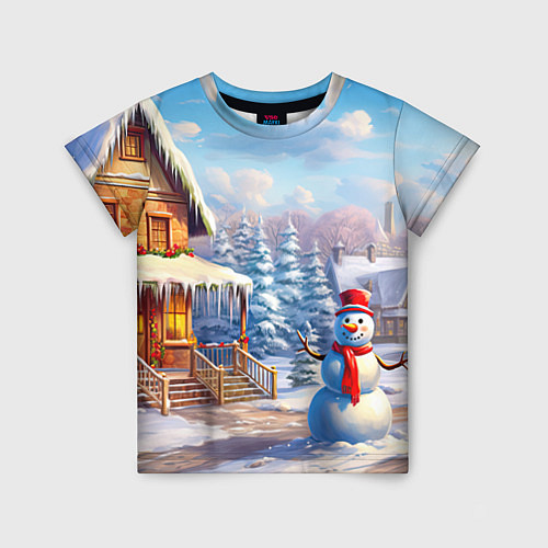 Детская футболка Новогодняя деревня и снеговик / 3D-принт – фото 1