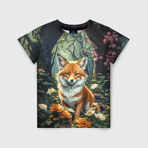 Детская футболка Лисица в лесу в цветах / 3D-принт – фото 1