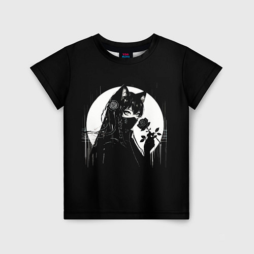 Детская футболка Девушка-кошка с чёрной розой / 3D-принт – фото 1