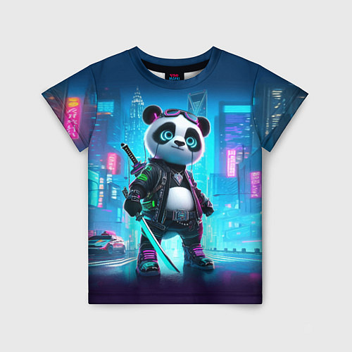 Детская футболка Панда кибер самурай в ночном Нью-Йорке / 3D-принт – фото 1