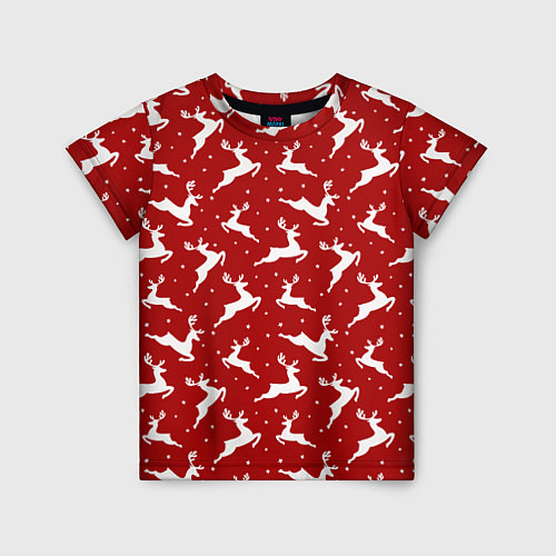 Детская футболка Красный паттерн с новогодними оленями / 3D-принт – фото 1