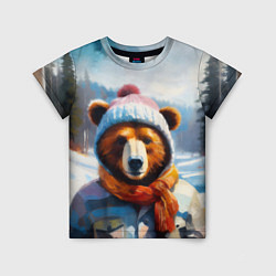 Футболка детская Бурый медведь в зимней одежде, цвет: 3D-принт