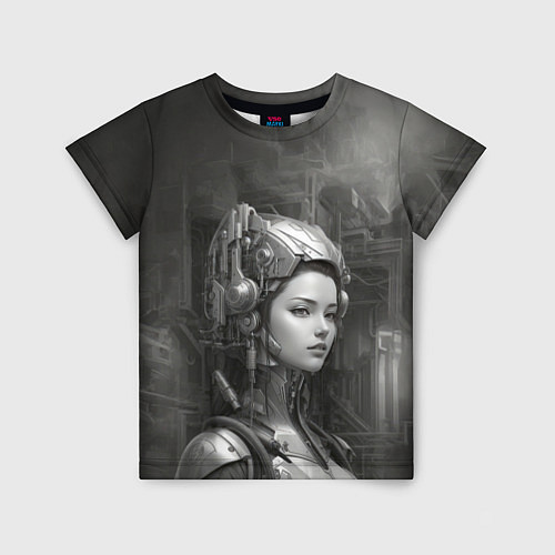 Детская футболка Черно-белая иллюстрация девушки в шлеме / 3D-принт – фото 1