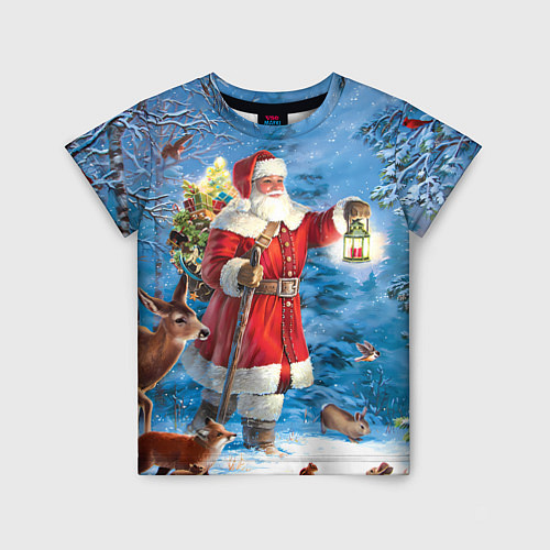 Детская футболка Дед Мороз в лесу с животными / 3D-принт – фото 1
