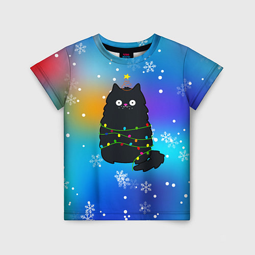 Детская футболка Новогодний котик и снежинки / 3D-принт – фото 1