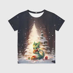 Детская футболка Чиби-дракон под ёлкой с подарками