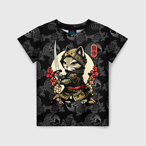 Детская футболка Кот - японский самурай / 3D-принт – фото 1