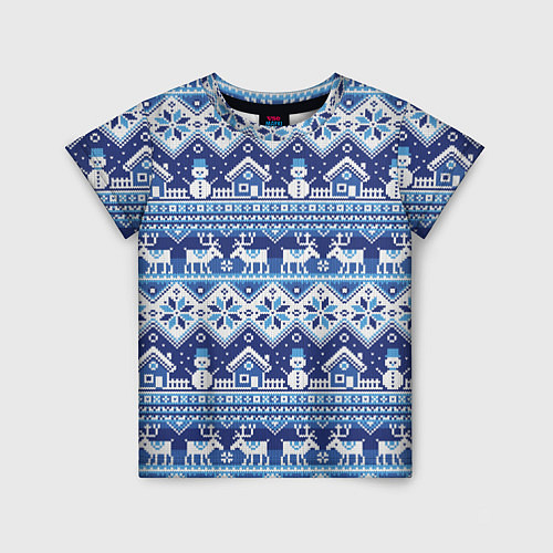 Детская футболка Вязанный зимний пейзаж с оленями / 3D-принт – фото 1