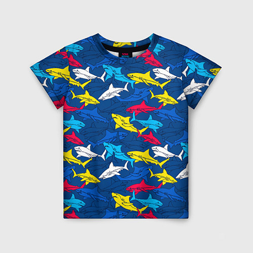 Детская футболка Разноцветные акулы на глубине / 3D-принт – фото 1