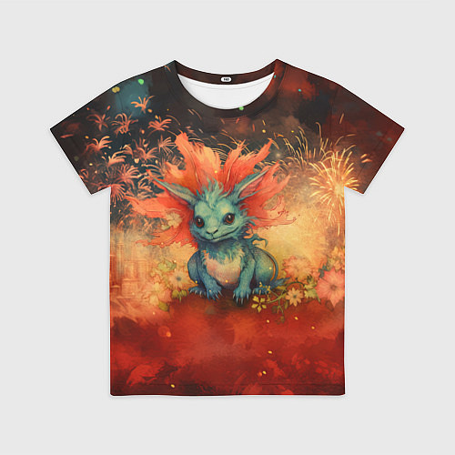 Детская футболка Дракон на фоне салютов / 3D-принт – фото 1