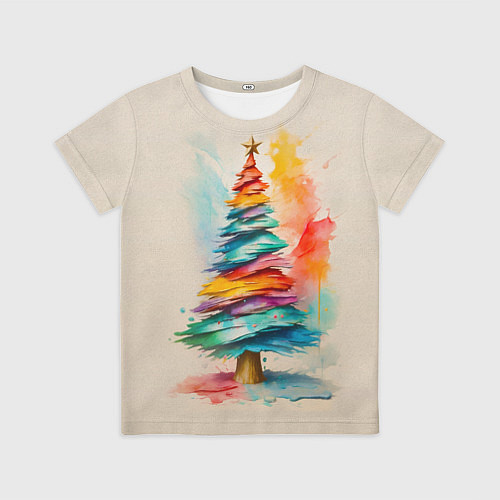 Детская футболка Новогодняя ель акварелью на холсте / 3D-принт – фото 1