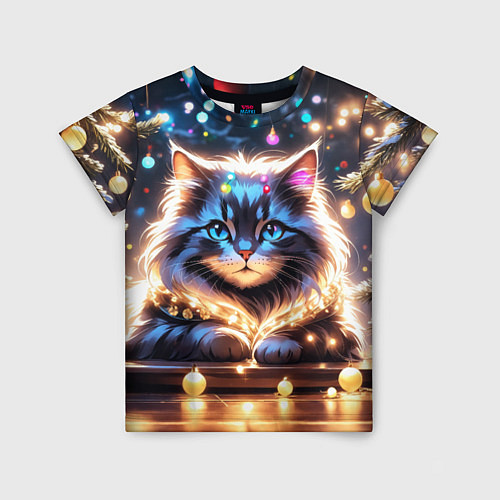Детская футболка Кот с гирляндой среди новогодних украшений / 3D-принт – фото 1