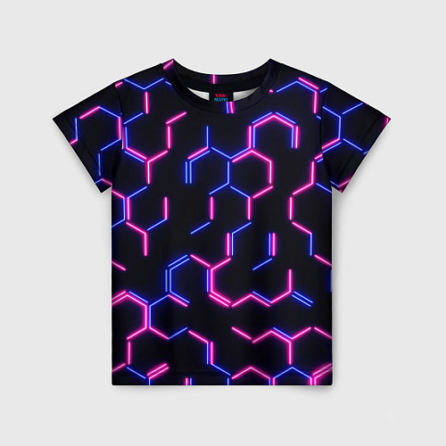 Детская футболка Сине-розовые неоновые неполные гексагоны / 3D-принт – фото 1
