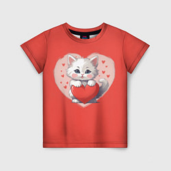 Футболка детская Мультяшный котенок держит красное сердечко, цвет: 3D-принт