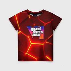 Футболка детская GTA 6 лого на фоне разлома красных плит, цвет: 3D-принт
