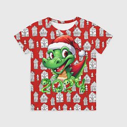 Футболка детская Зеленый дракон на рождественском фоне, цвет: 3D-принт
