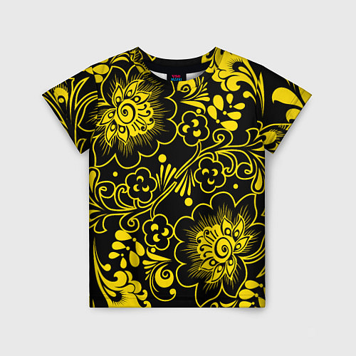 Детская футболка Хохломская роспись золотые цветы на чёроном фоне / 3D-принт – фото 1