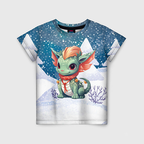 Детская футболка Дракон на фоне снежных елочек / 3D-принт – фото 1