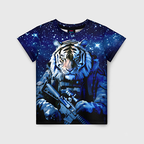 Детская футболка Тигр солдат снег и звезды / 3D-принт – фото 1