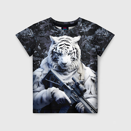 Детская футболка Белый тигр солдат зима / 3D-принт – фото 1