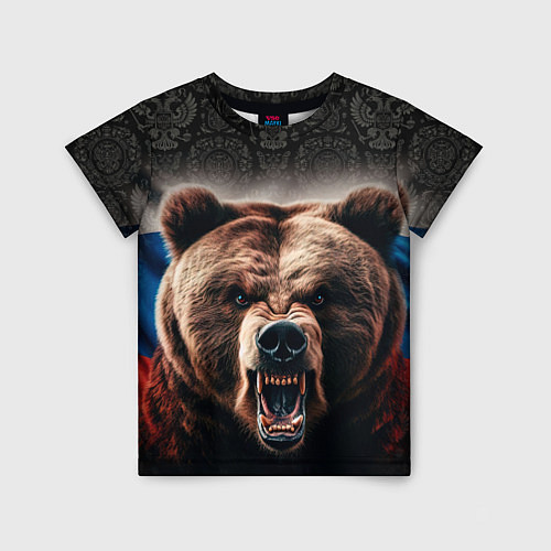 Детская футболка Агрессивный медведь на фоне флага России / 3D-принт – фото 1