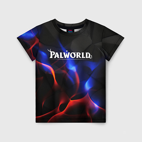 Детская футболка Palworld логотип на черном и фиолетовом абстракте / 3D-принт – фото 1