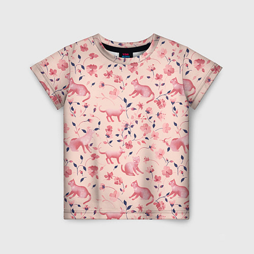 Детская футболка Розовый паттерн с цветами и котиками / 3D-принт – фото 1
