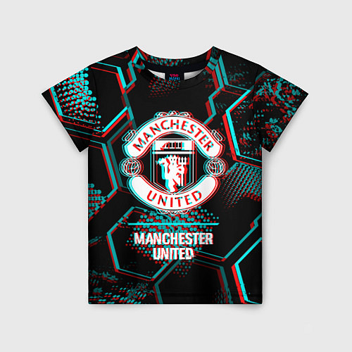 Детская футболка Manchester United FC в стиле glitch на темном фоне / 3D-принт – фото 1