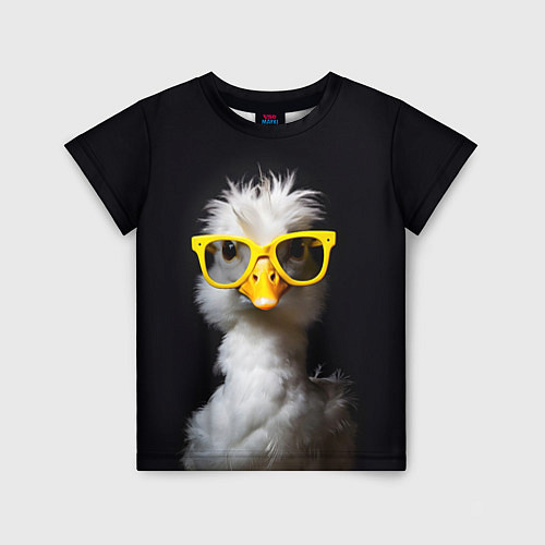 Детская футболка Белый гусь в желтых очках на черном фоне / 3D-принт – фото 1