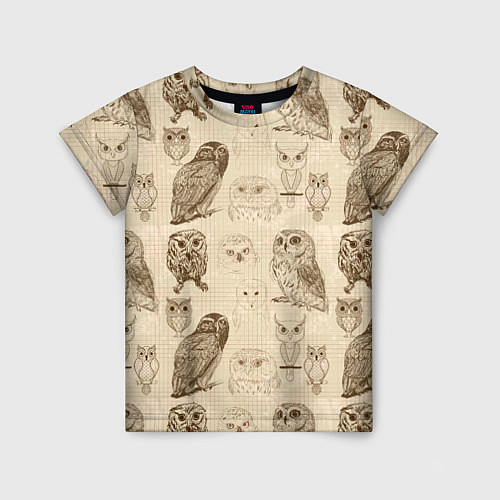 Детская футболка Эскизы сов тетрадный лист в клетку / 3D-принт – фото 1