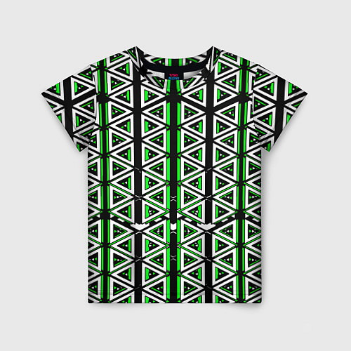 Детская футболка Бело-зелёные треугольники на чёрном фоне / 3D-принт – фото 1