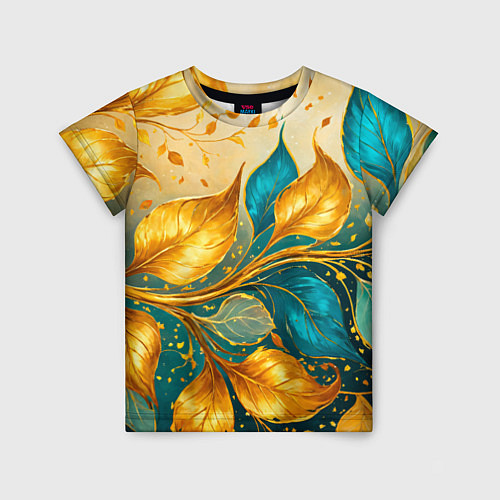 Детская футболка Листья абстрактные золото и бирюза / 3D-принт – фото 1