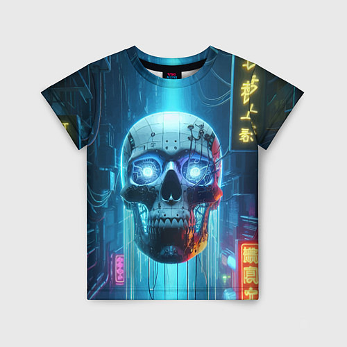 Детская футболка Cyber skull - neon glow ai art / 3D-принт – фото 1