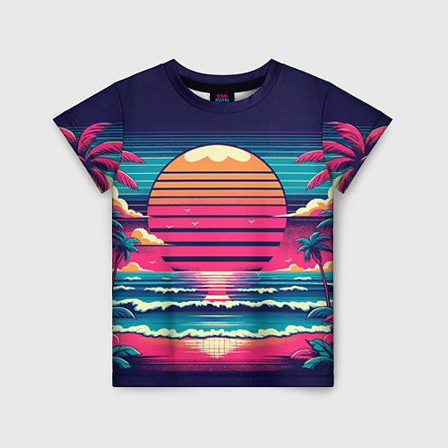 Детская футболка Закат на пляже vaporwave / 3D-принт – фото 1