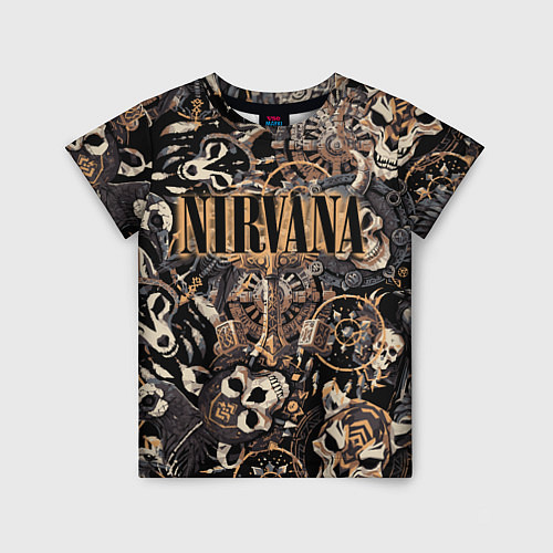 Детская футболка Nirvana на фоне масок викингов рун и воронов / 3D-принт – фото 1