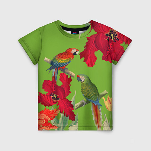 Детская футболка Попугаи среди цветов / 3D-принт – фото 1