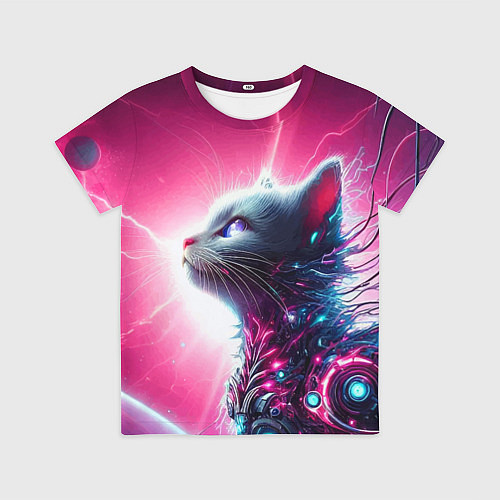Детская футболка Космический кибер котёнок - неоновое свечение / 3D-принт – фото 1
