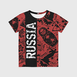 Футболка детская Россия на фоне матрёшек балалайки и славянских узо, цвет: 3D-принт