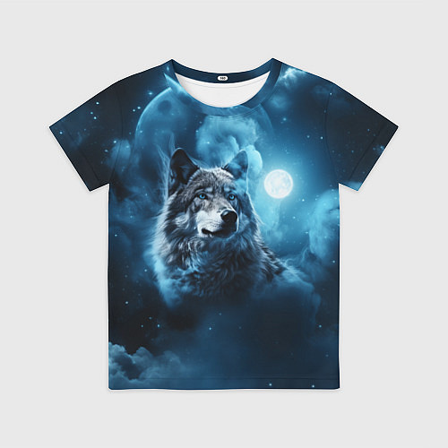 Детская футболка Волк ночное синее небо / 3D-принт – фото 1
