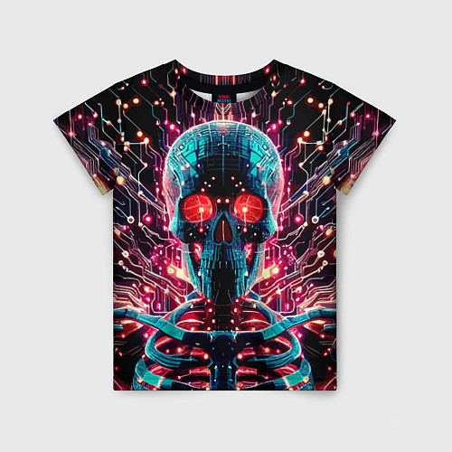 Детская футболка Neon cyber skull - ai art fantasy / 3D-принт – фото 1