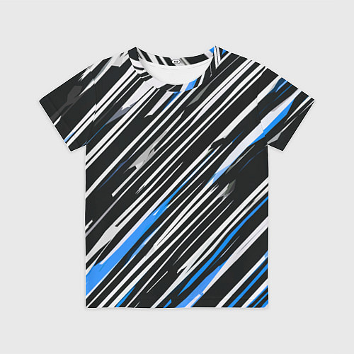 Детская футболка Диагональные сине-белые полосы на чёрном фоне / 3D-принт – фото 1
