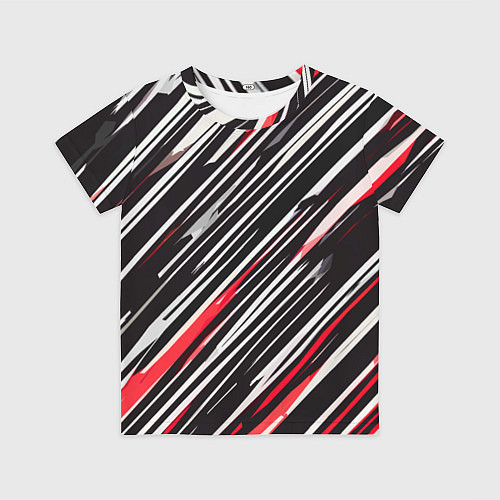 Детская футболка Диагональные красно-белые полосы на чёрном фоне / 3D-принт – фото 1