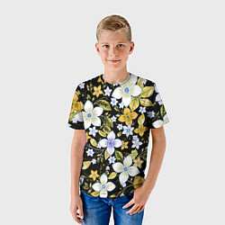 Футболка детская Жёлто-белые цветы на чёрном фоне, цвет: 3D-принт — фото 2