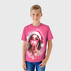 Футболка детская Девушка в шапке Санты надувает жвачку, цвет: 3D-принт — фото 2
