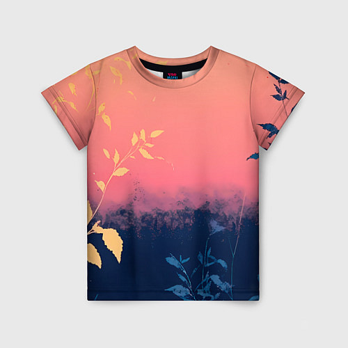 Детская футболка Листья на сине-розовом фоне - нейросеть / 3D-принт – фото 1